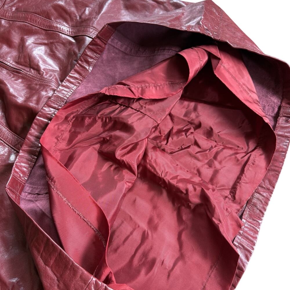 Vintage 70s Montgomery Ward Leather Skirt 17 18 Plus Wine Red Midi A Line - Picture 10 of 11